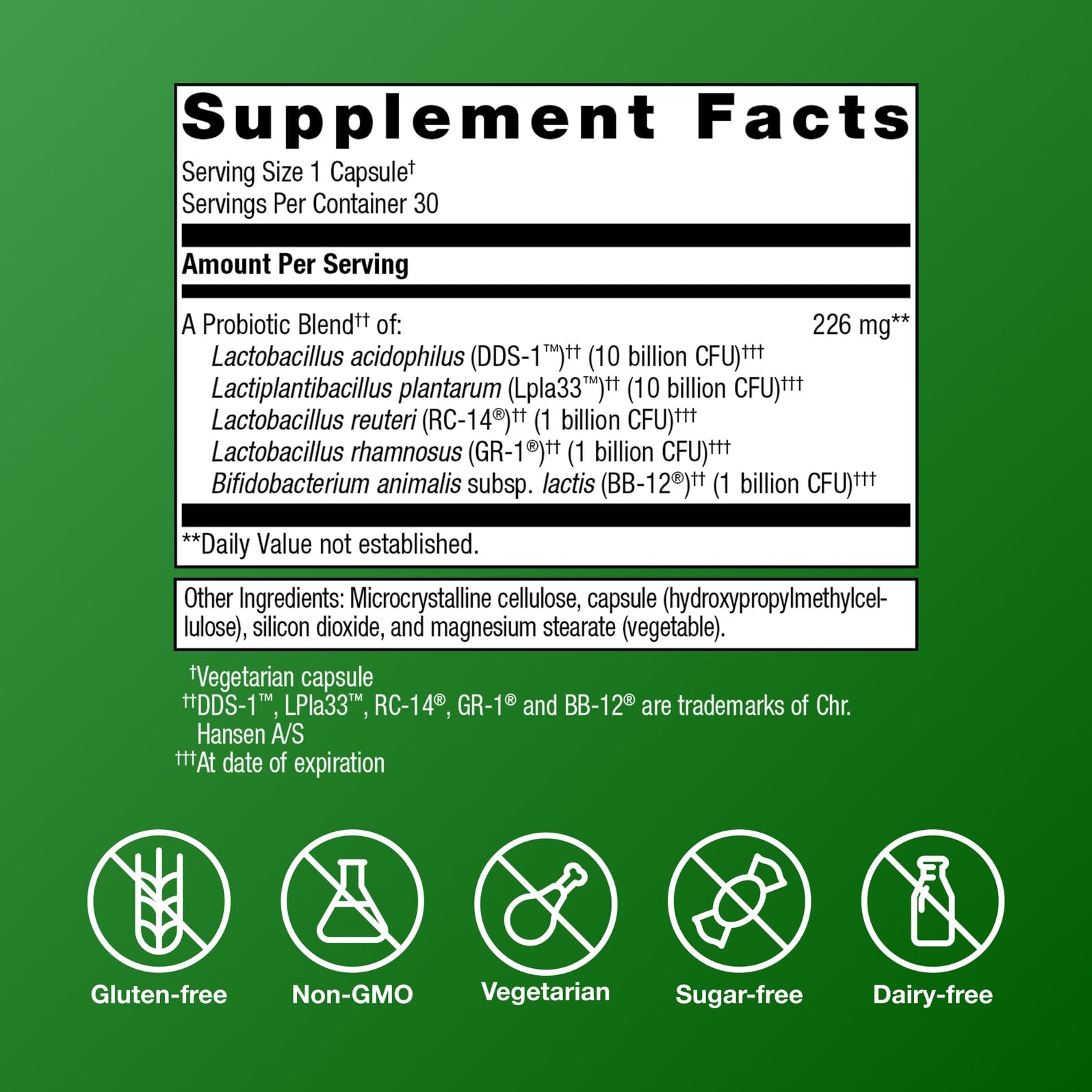 Metagenics UltraFlora Complete Women's Probiotic capsules, highlighting the 5-strain formula for immune support.
