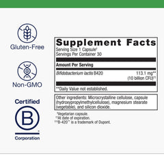 Metagenics UltraFlora Control bottle back label shows dosage guidance for daily use.