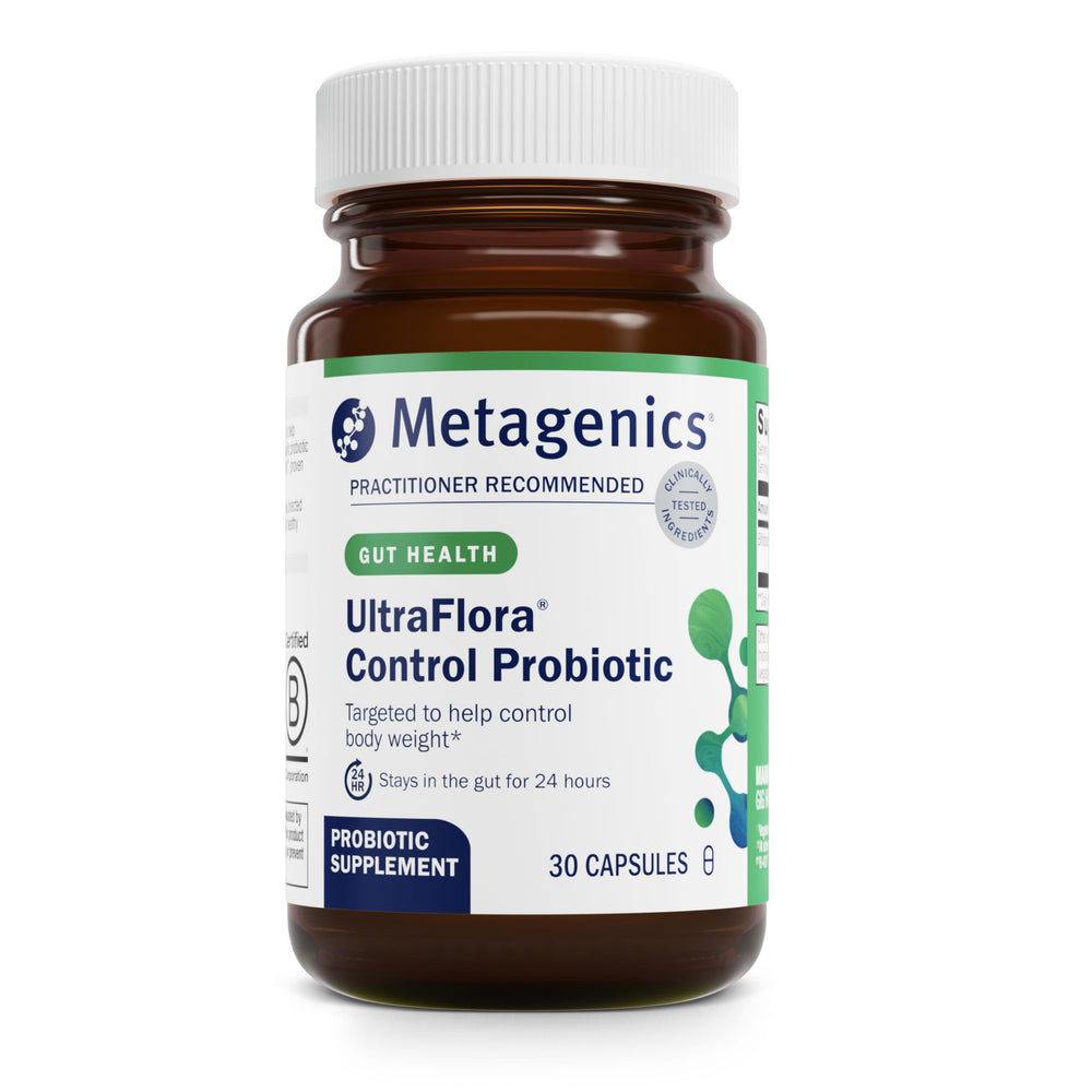 Metagenics UltraFlora Control bottle front view highlighting shelf-stable probiotic formula for gut balance.