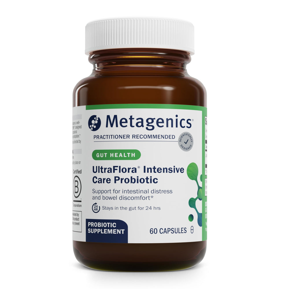 Front view of Metagenics UltraFlora Intensive Care Probiotic bottle