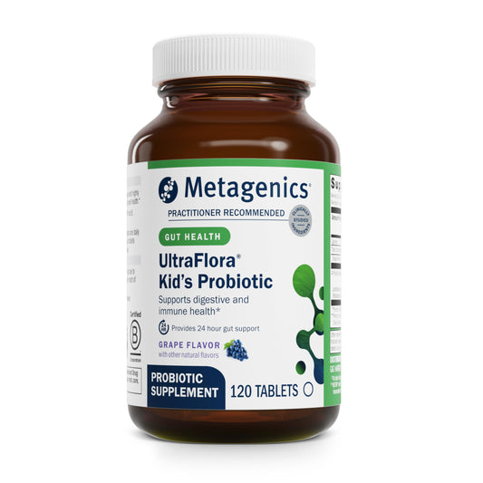 Front view of Metagenics UltraFlora Kids Probiotic 120-count bottle