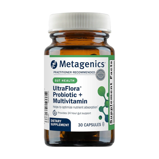 Front view of Metagenics UltraFlora Probiotic + Multivitamin bottle – 30 capsules