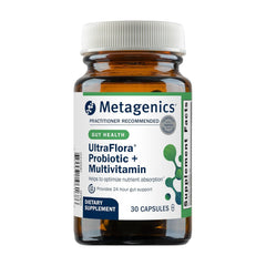 Front view of Metagenics UltraFlora Probiotic + Multivitamin bottle – 30 capsules