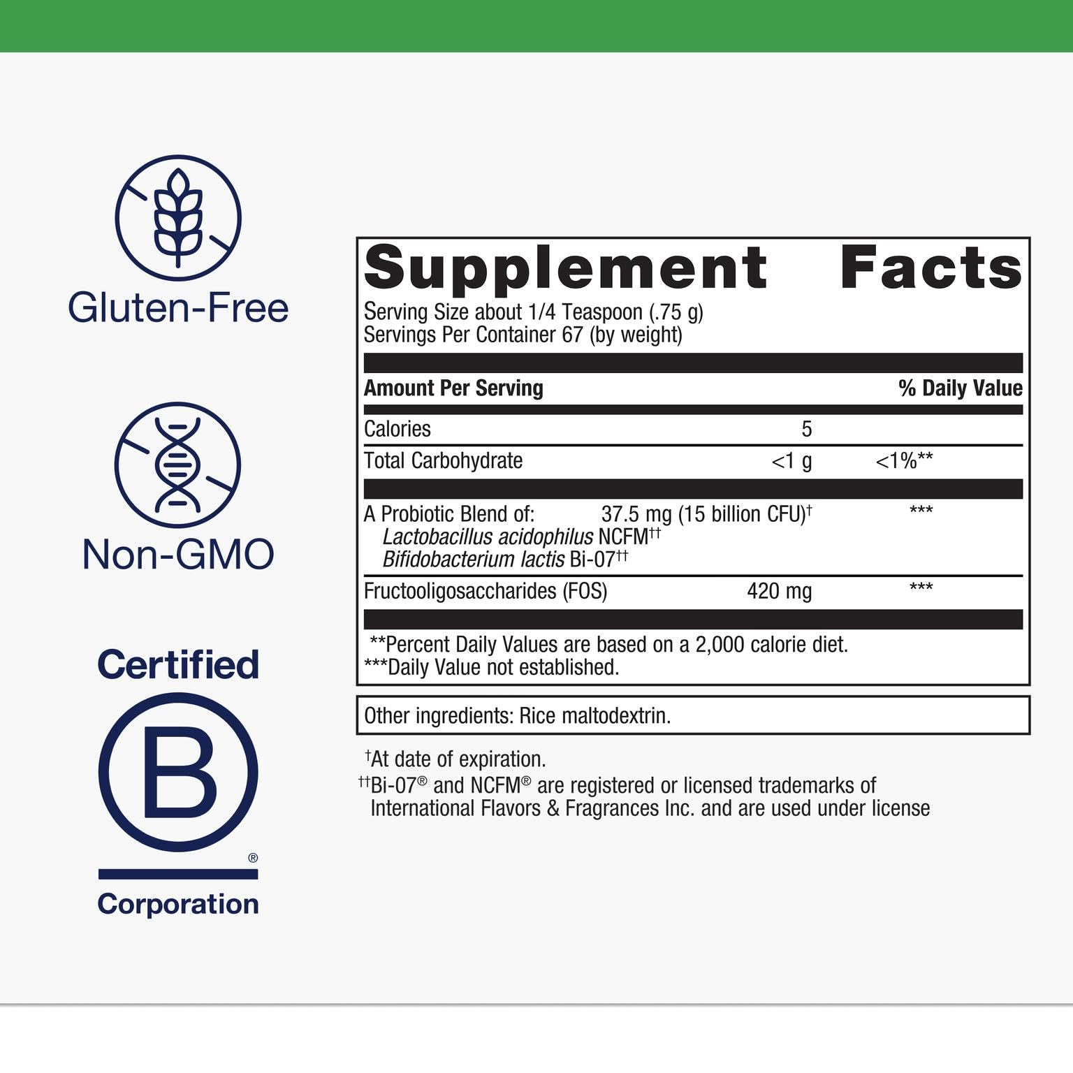 Label highlighting L. acidophilus NCFM and B. lactis Bi-07 strains