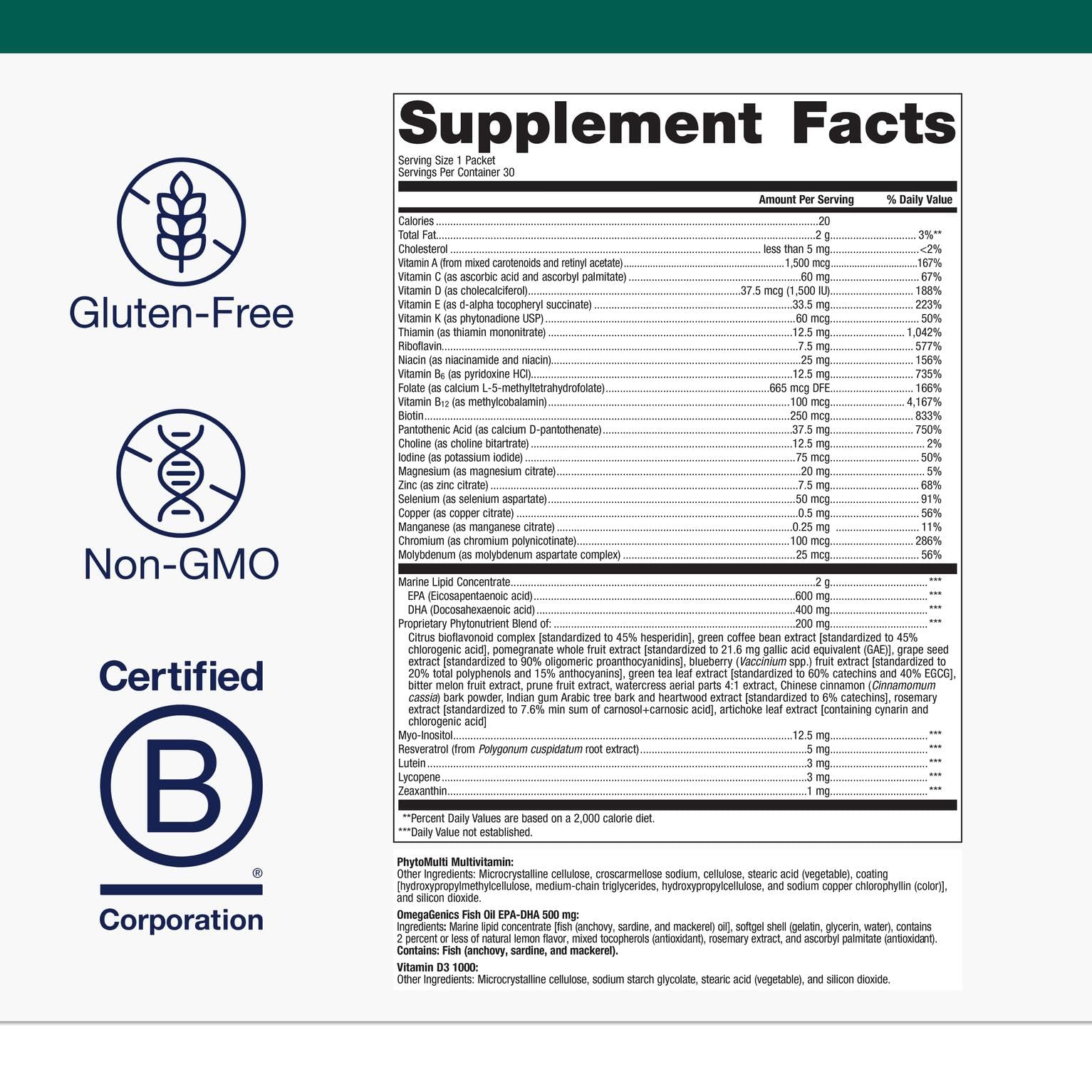 Close-up of daily dose packets showing vitamins A, C, D, E and B