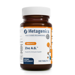 Metagenics Zinc A.G. chelate tablets close-up highlighting high absorption and gentle digestion.