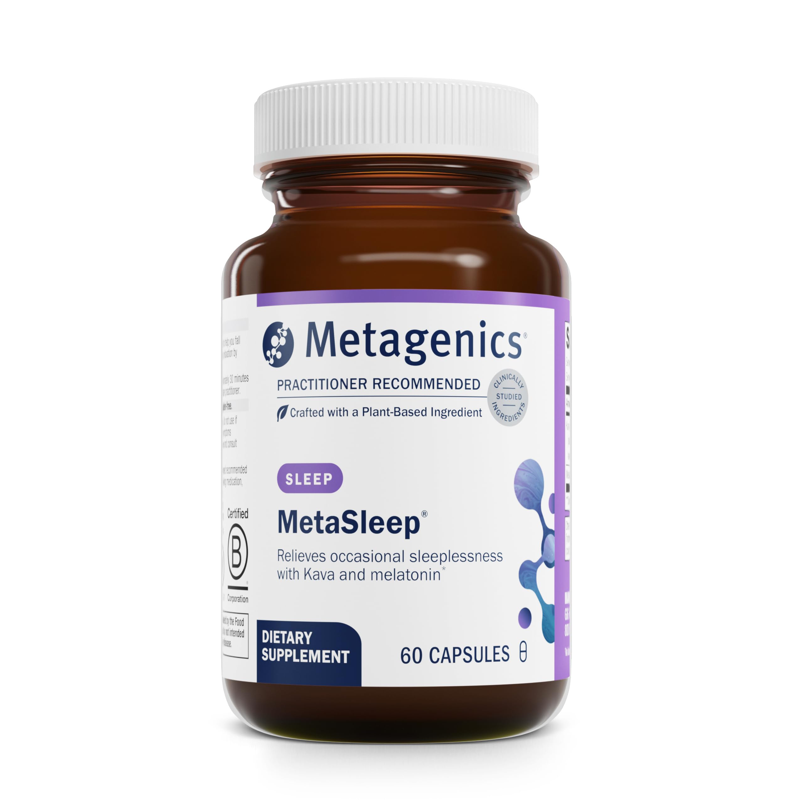 Front view of Metagenics MetaSleep dual-phase melatonin supplement bottle with 60 capsules