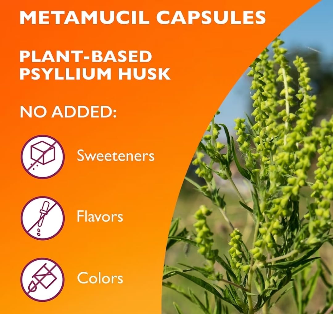 Metamucil bottle on a clean kitchen counter showing convenient daily capsules