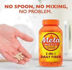 Metamucil capsules being poured into a glass for easy consumption