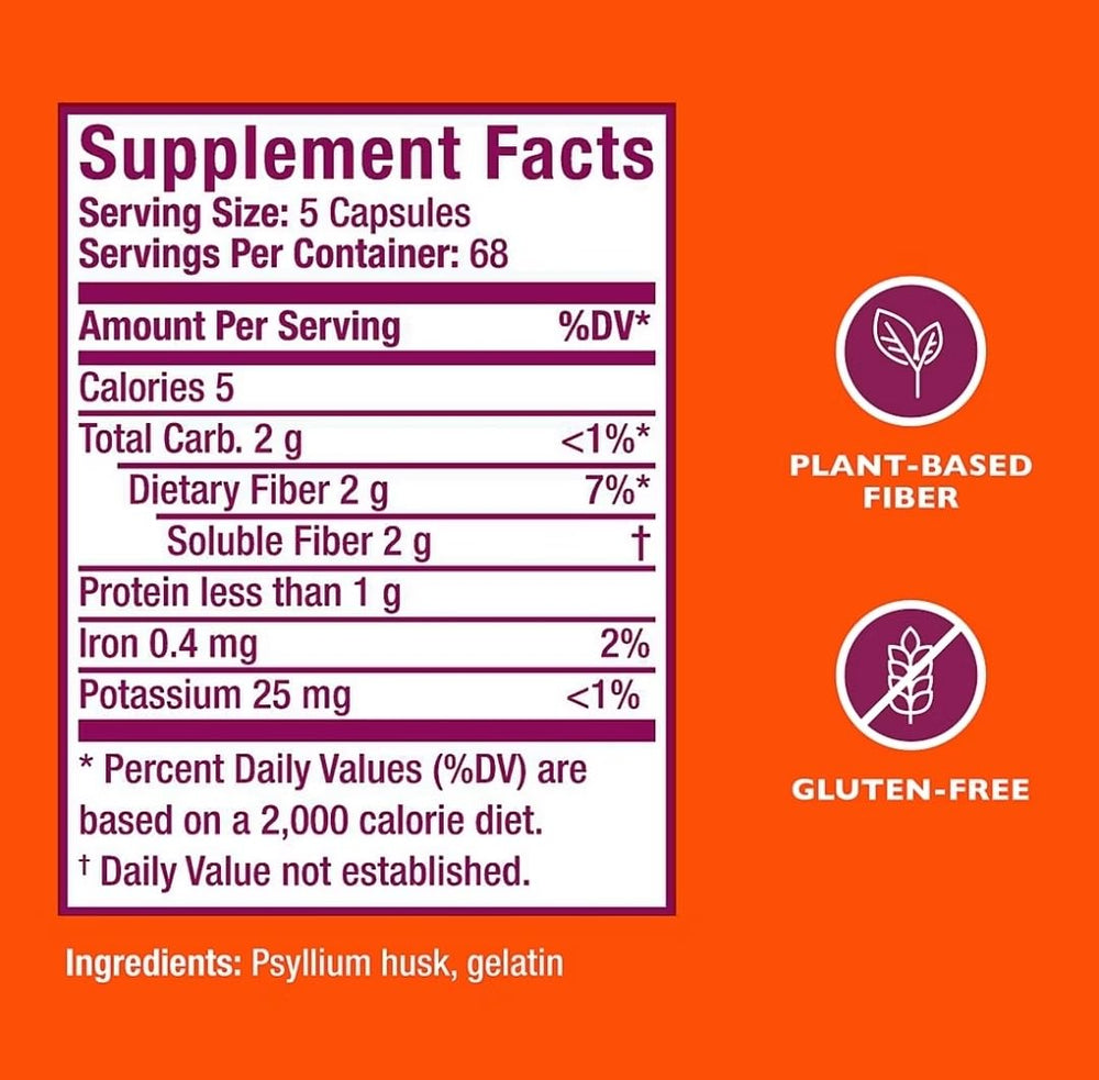 Close-up of the Metamucil label emphasizing plant-based psyllium husk