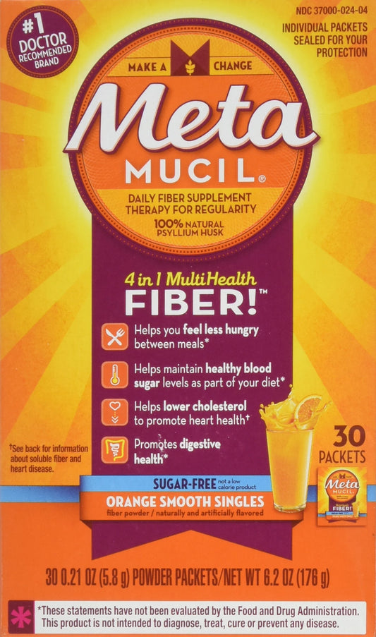 Front packaging of Metamucil MultiHealth Fiber Singles Orange Smooth Sugar Free 30-pack