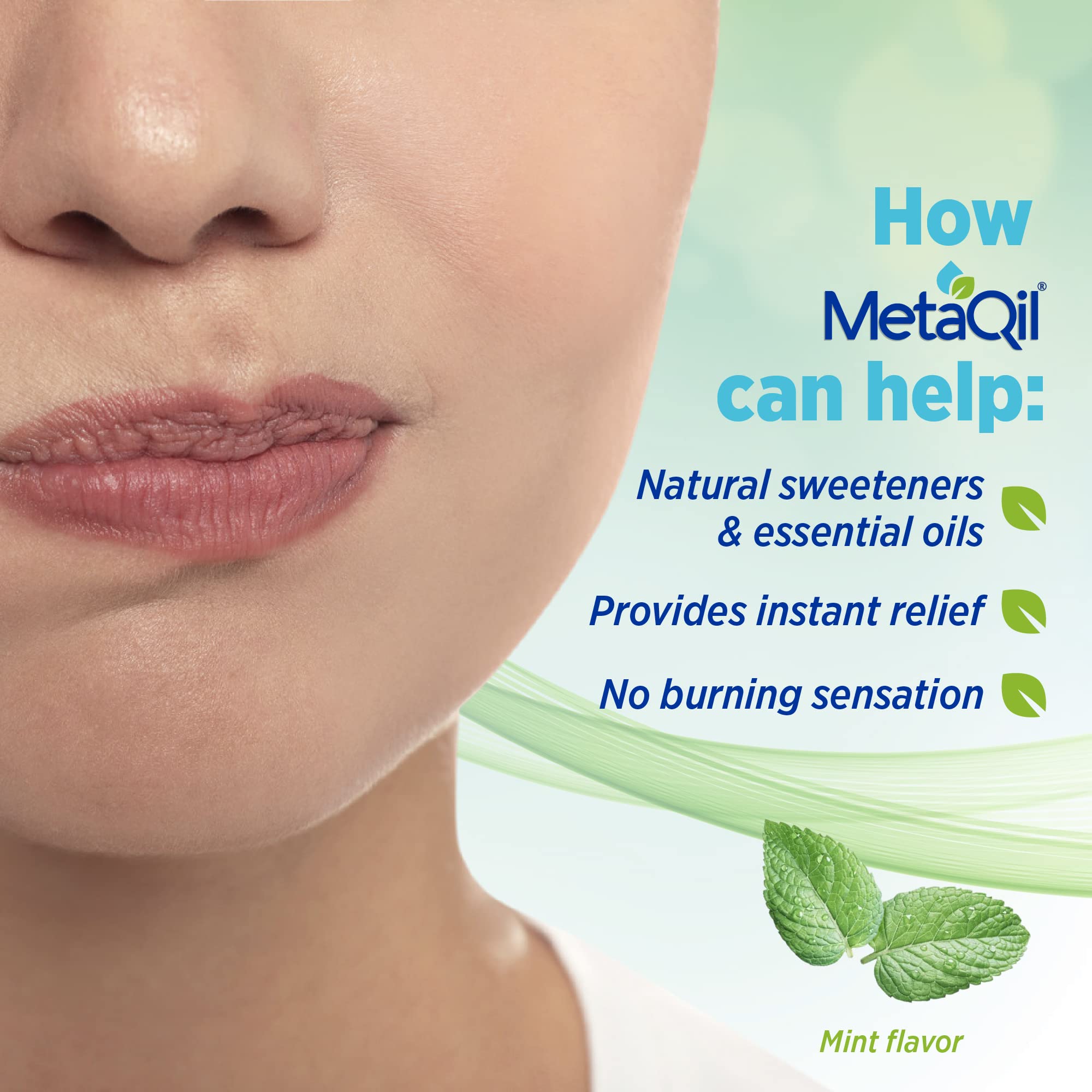 Close-up of cooling relief from MetaQil mouthwash