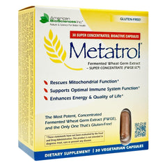 Front view of Metatrol Fermented Wheat Germ Extract bottle with 41mg per capsule and 30 vegetarian capsules