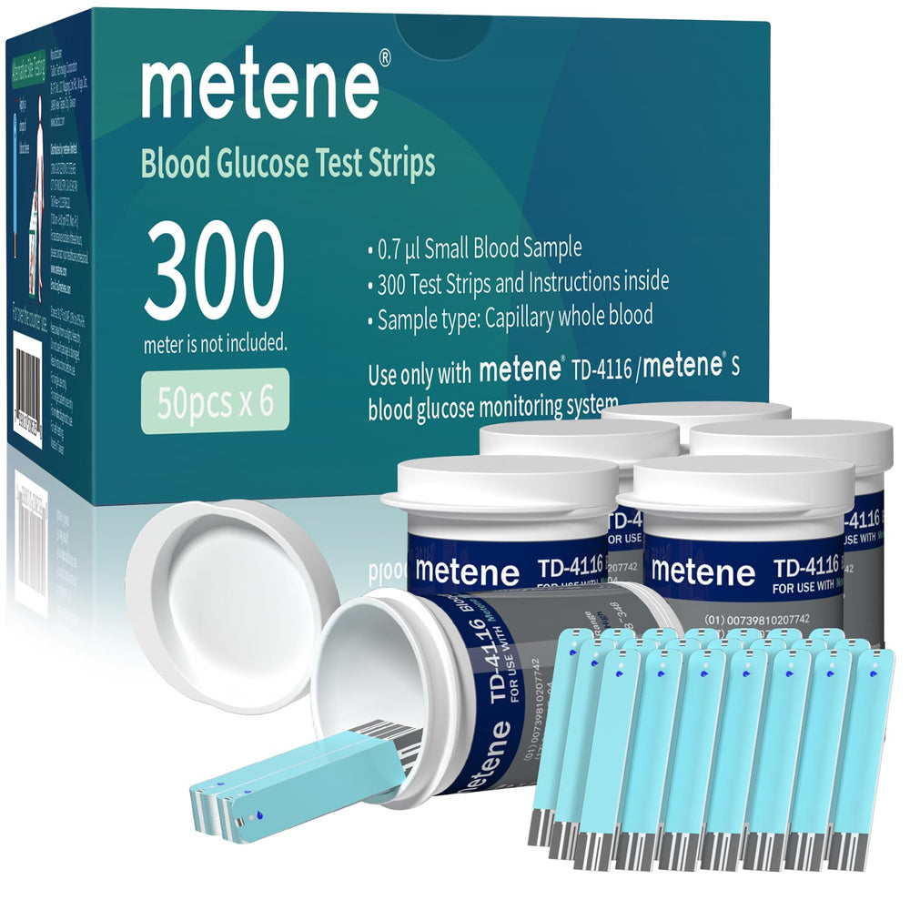 Metene TD-4116 test strips box shows 300-count pack for convenient home testing