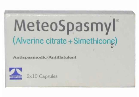 Front view of MeteoSpasmyl pack containing 20 soft capsules