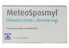 Front view of MeteoSpasmyl pack containing 20 soft capsules