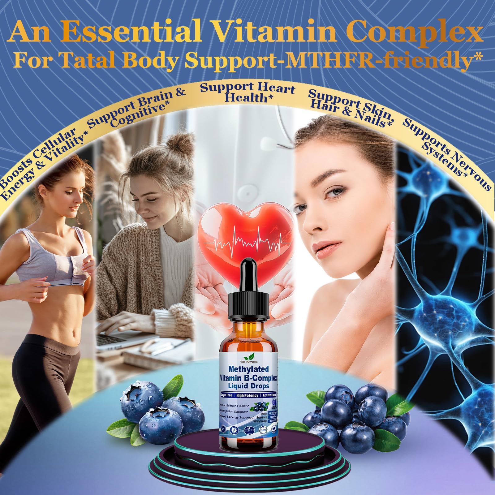 Blueberry flavored liquid B complex drops close-up