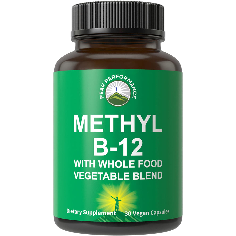 Bottle of Methyl B12 supplement with whole-food blend of 25 vegetables and fruits