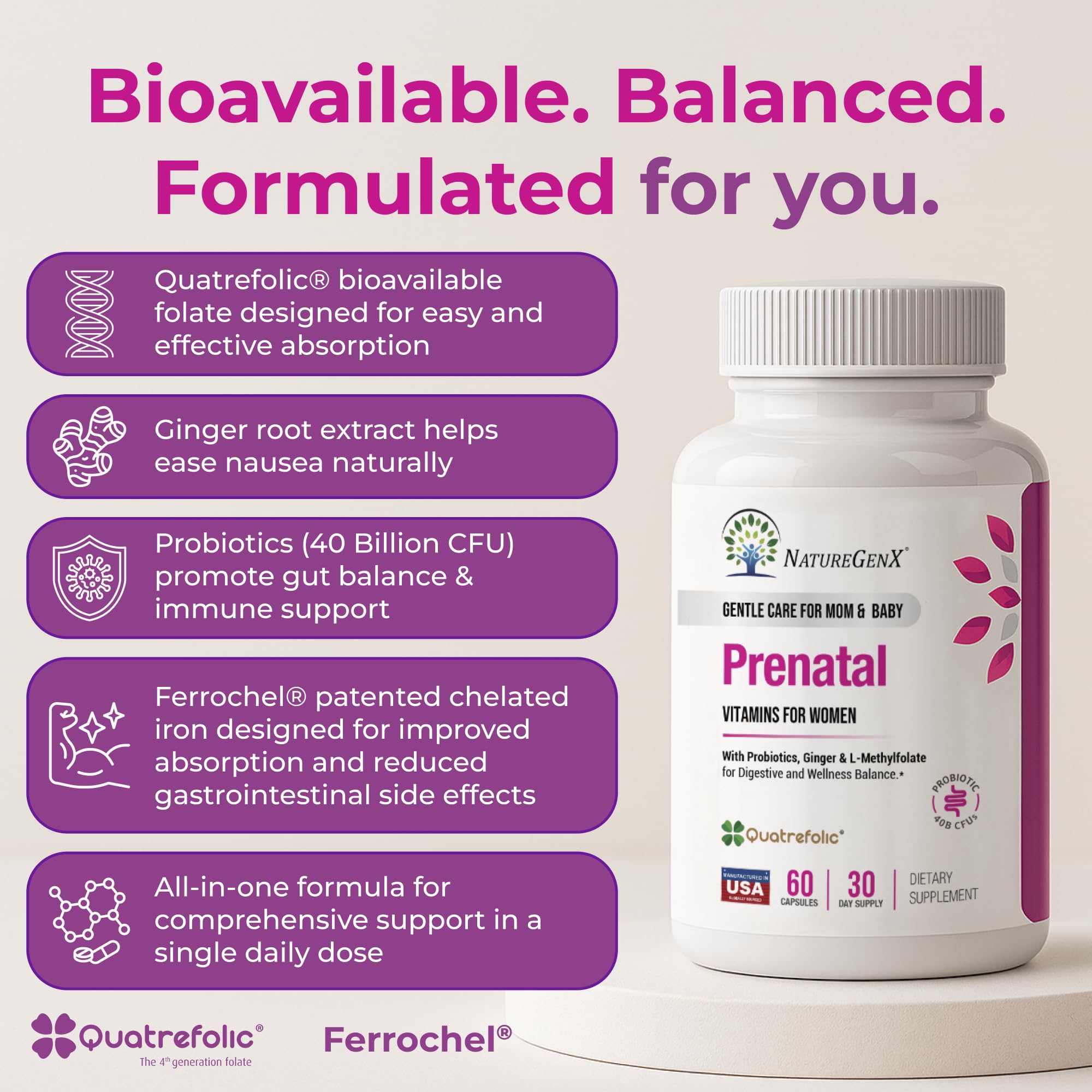 Close-up of methylfolate, iron, and B12 prenatal vitamins