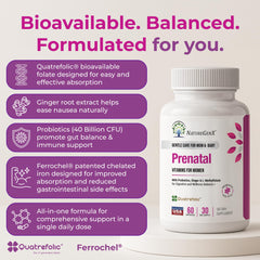 Close-up of methylfolate, iron, and B12 prenatal vitamins