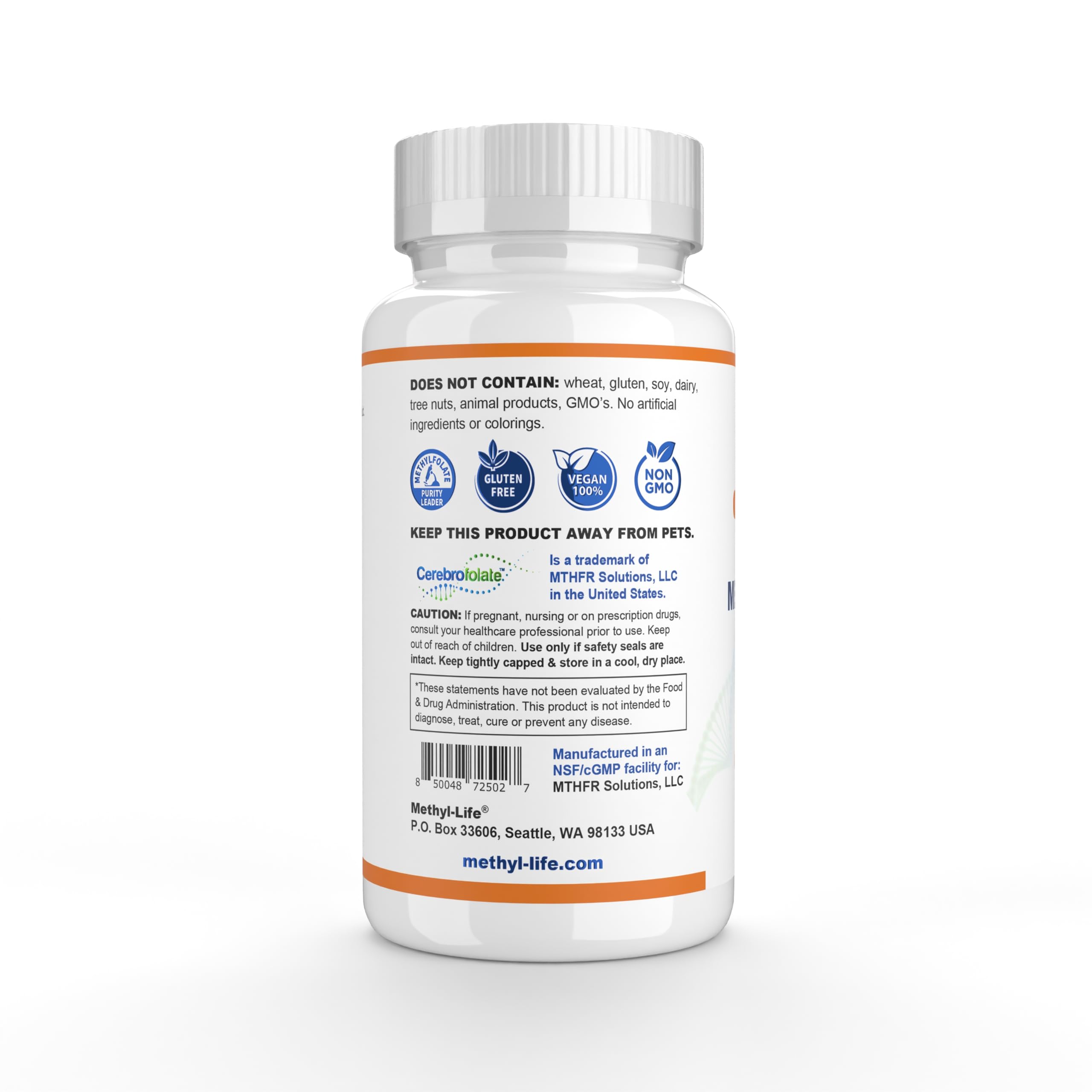 Methyl-Life L-Methylfolate bottle – back label with dosage info