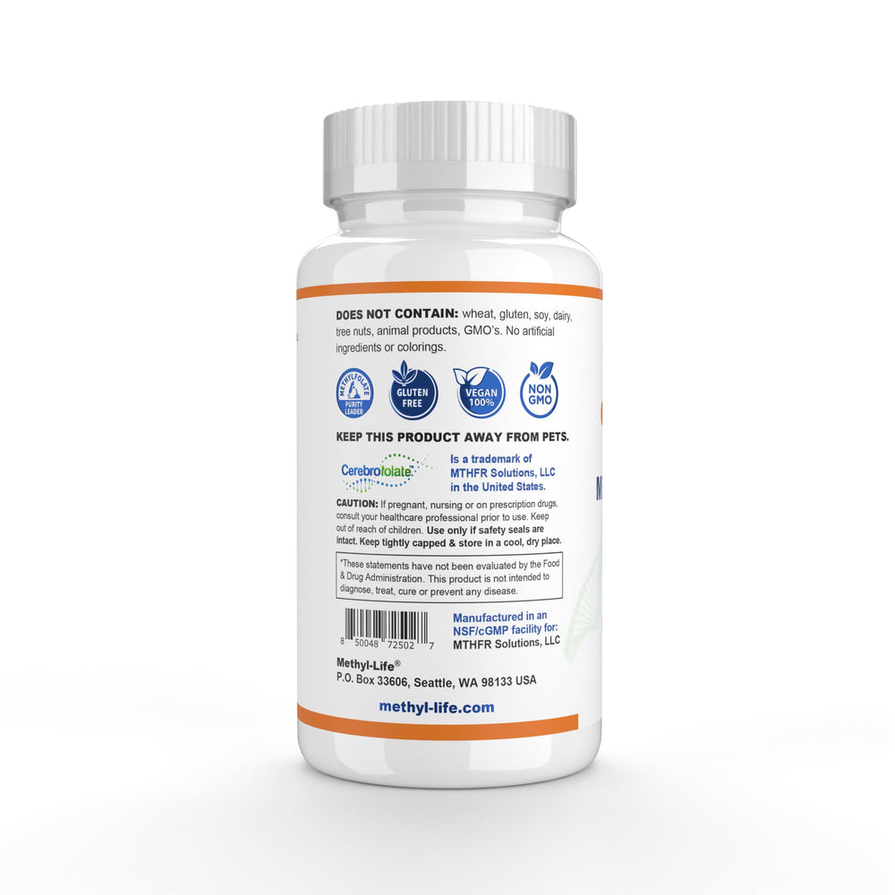 Methyl-Life L-Methylfolate bottle – back label with dosage info