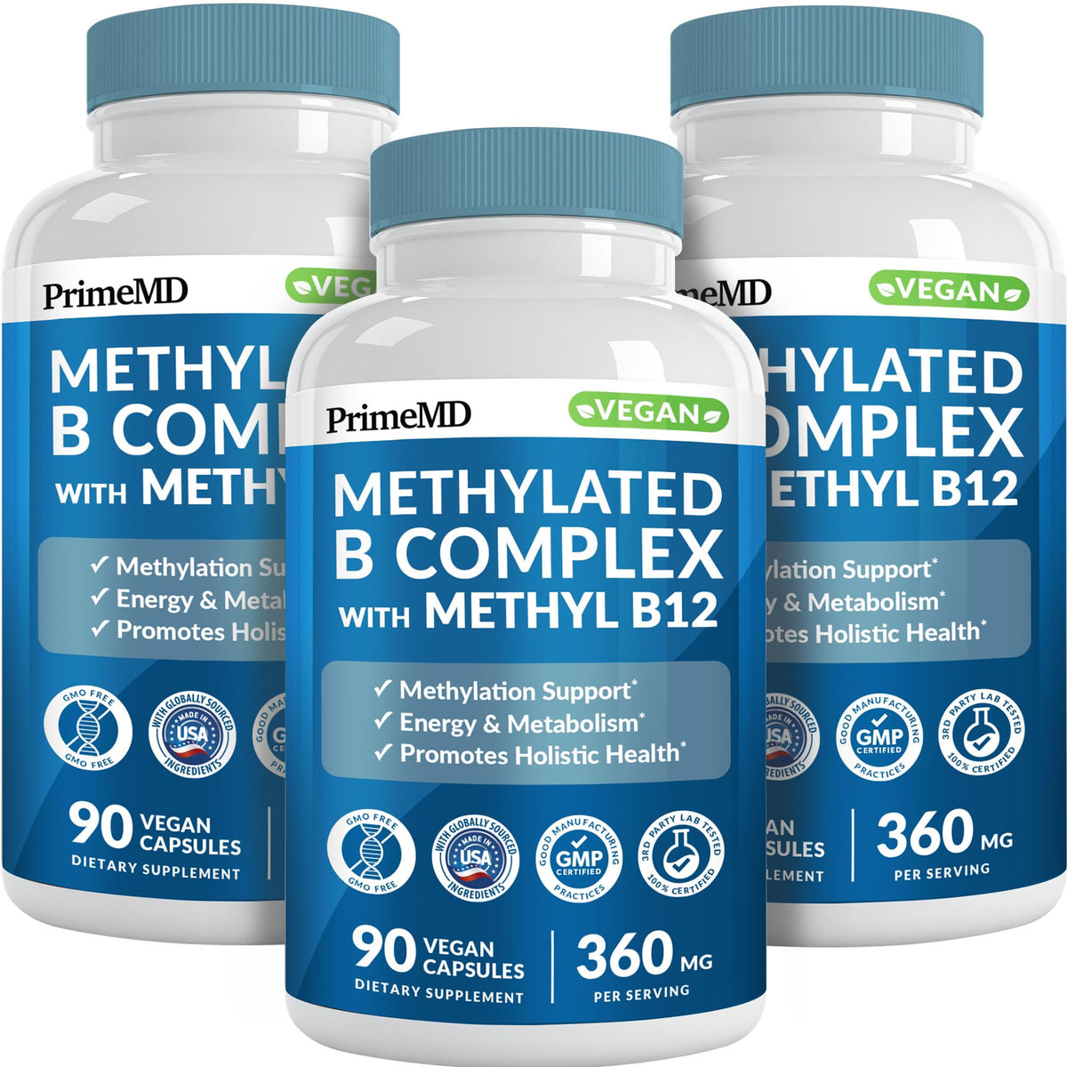 Methylated B Complex bottle featuring B12 and Methyl Folate 1000 mcg label