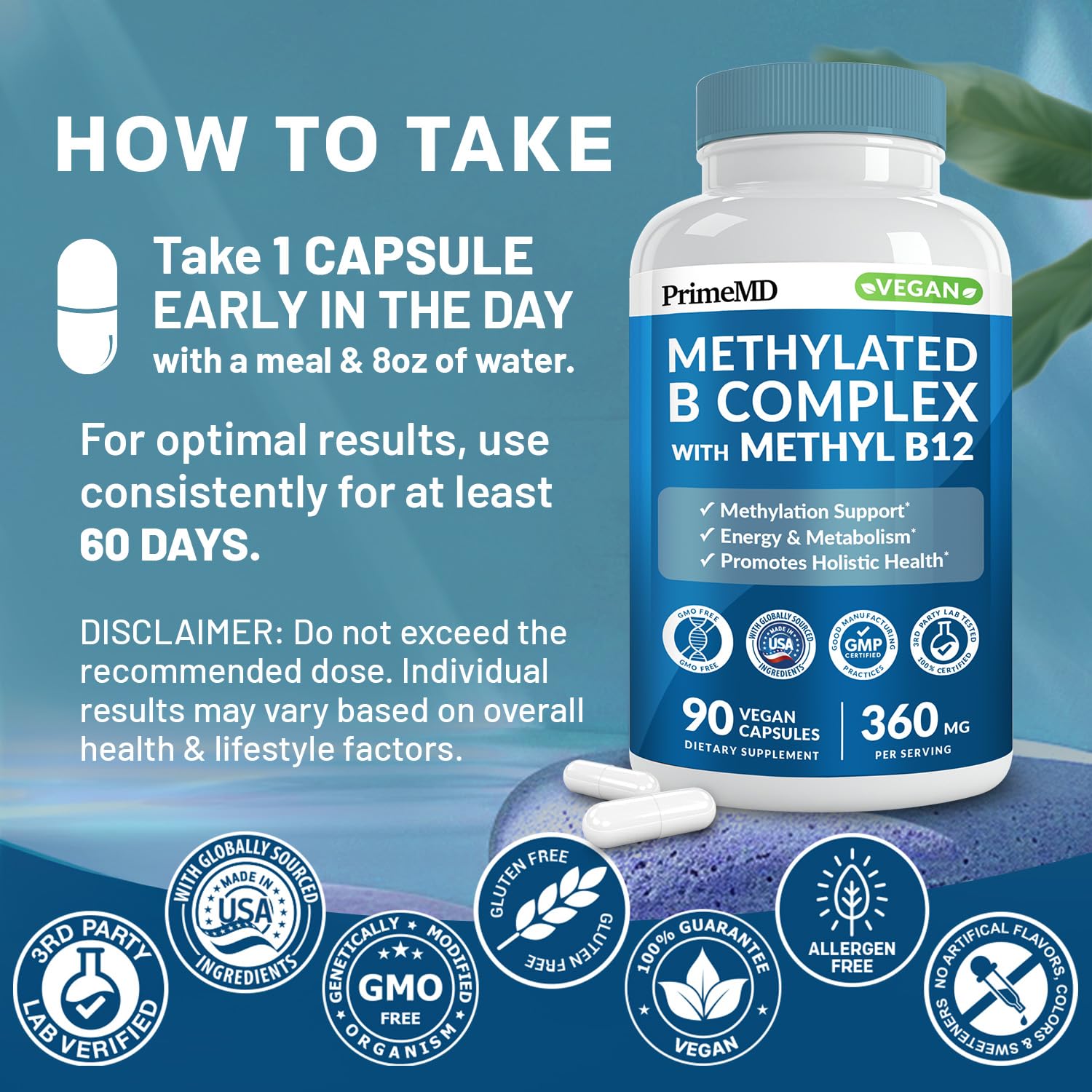 Glass of water beside a bottle of B Complex vitamins