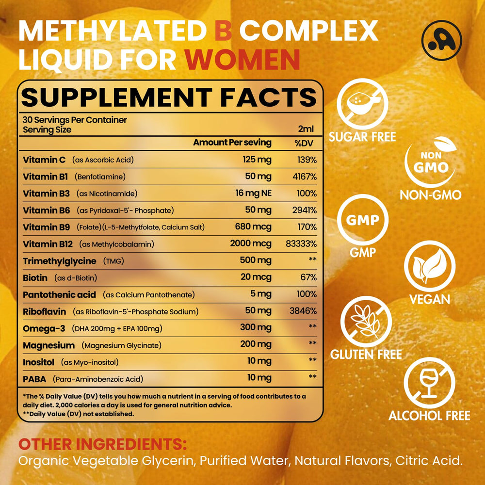 Close-up of bottle label listing methylated B vitamins and 5-MTHF