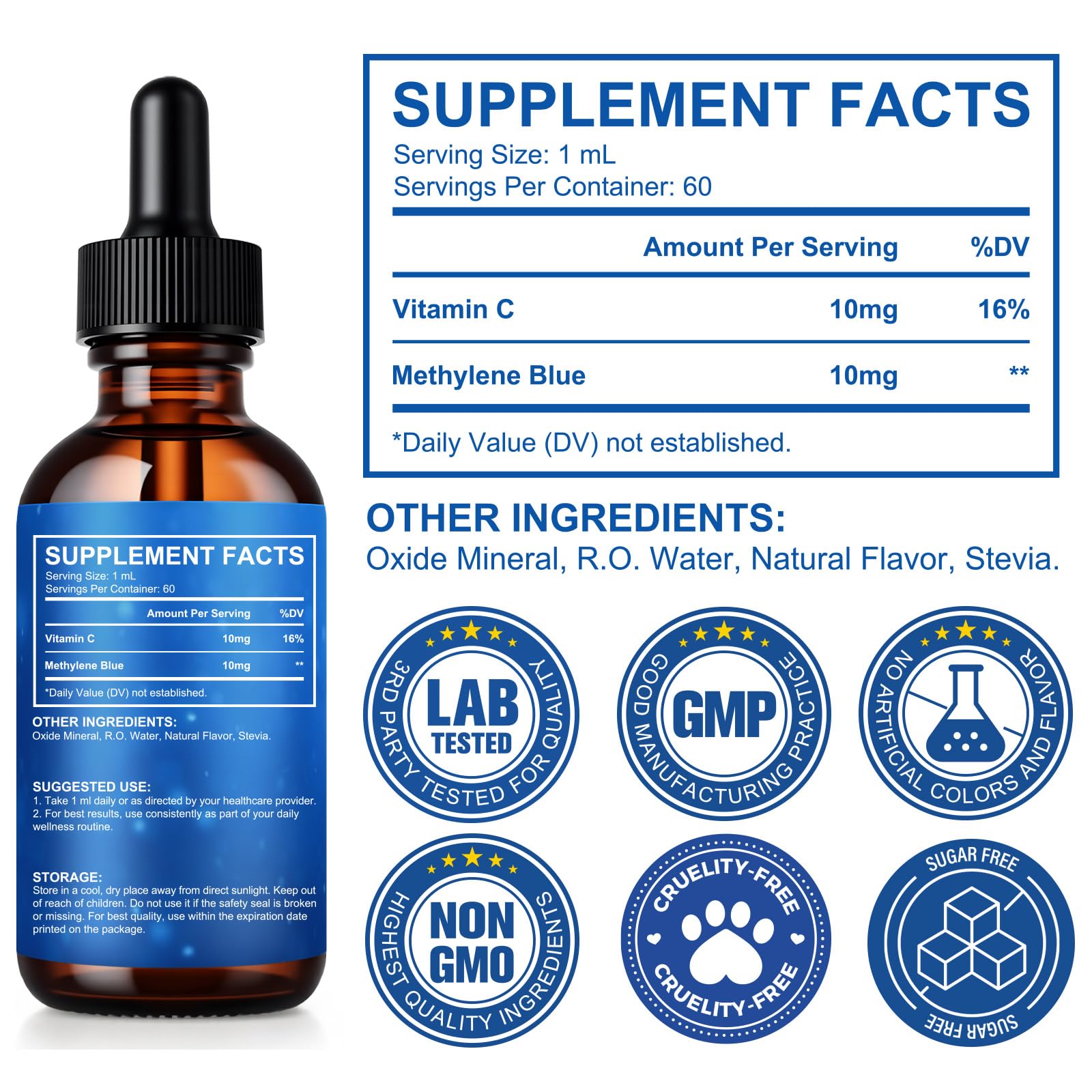 Side view of Methylene Blue 1% Drops bottle