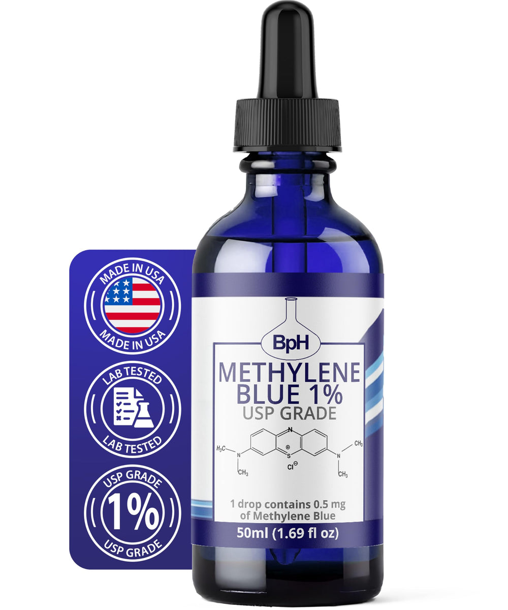Two clear glass methylene blue bottles in a twin-pack configuration