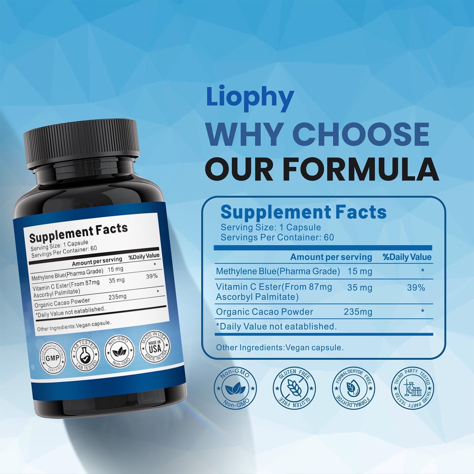 Vitamin C ester ingredient alongside methylene blue