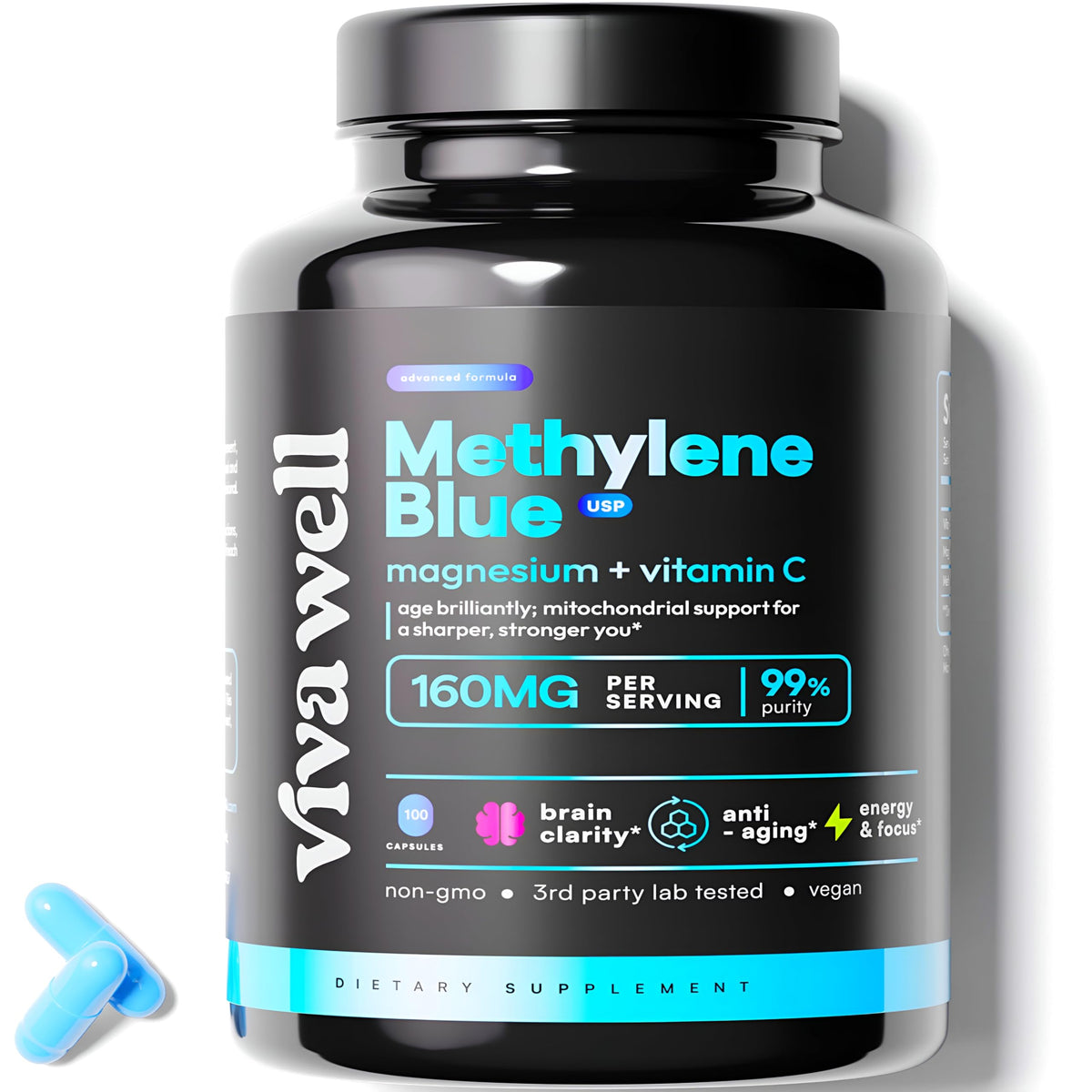 Bottle of Methylene Blue Pharmaceutical Grade capsules
