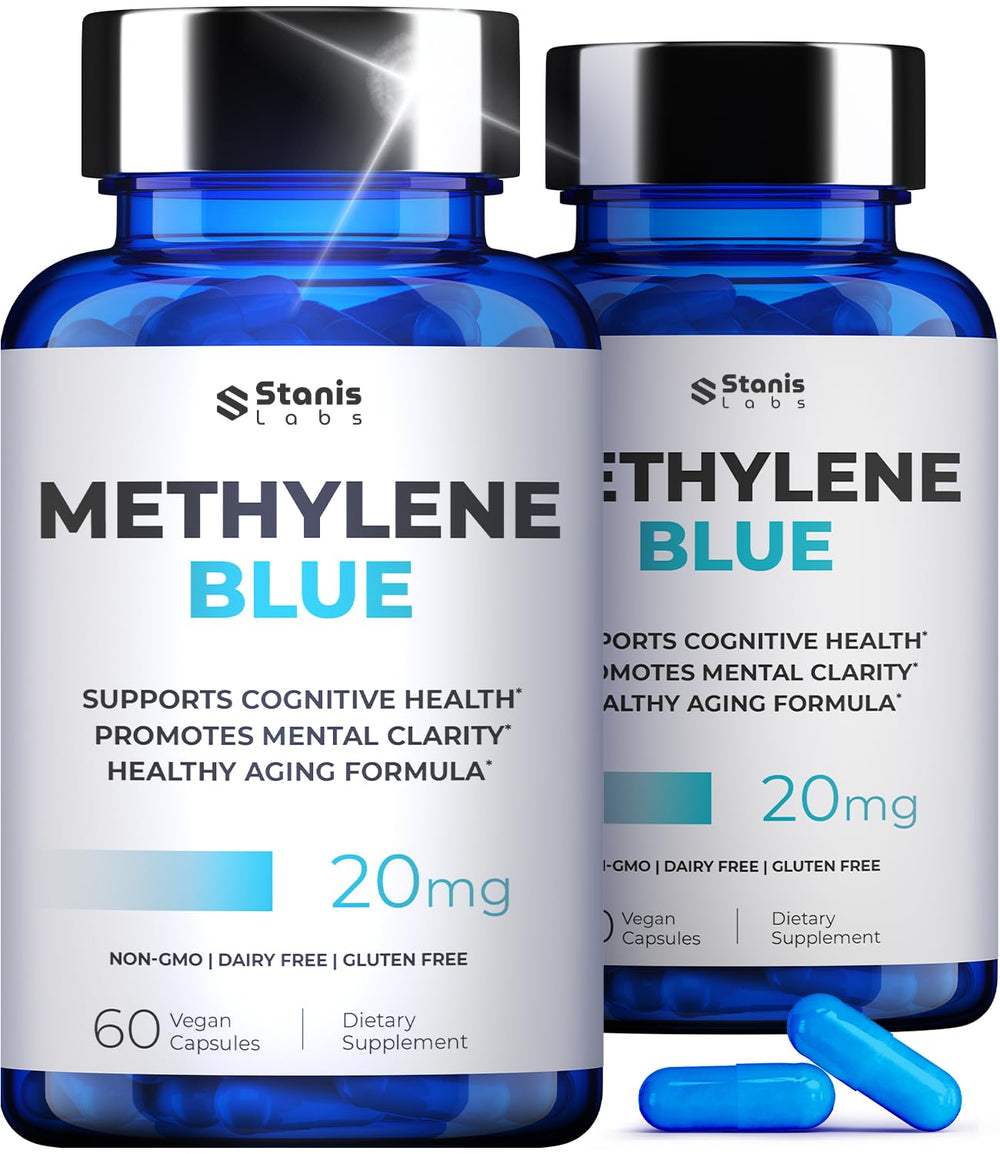 Front view of Ultimate Methylene Blue 20mg bottle