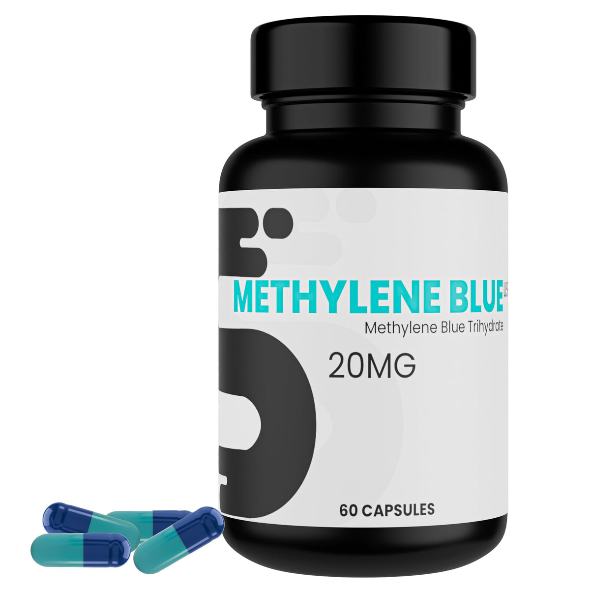 Front view of Methylene Blue capsules bottle showing 60 capsules of 20mg each, USP pharmaceutical grade