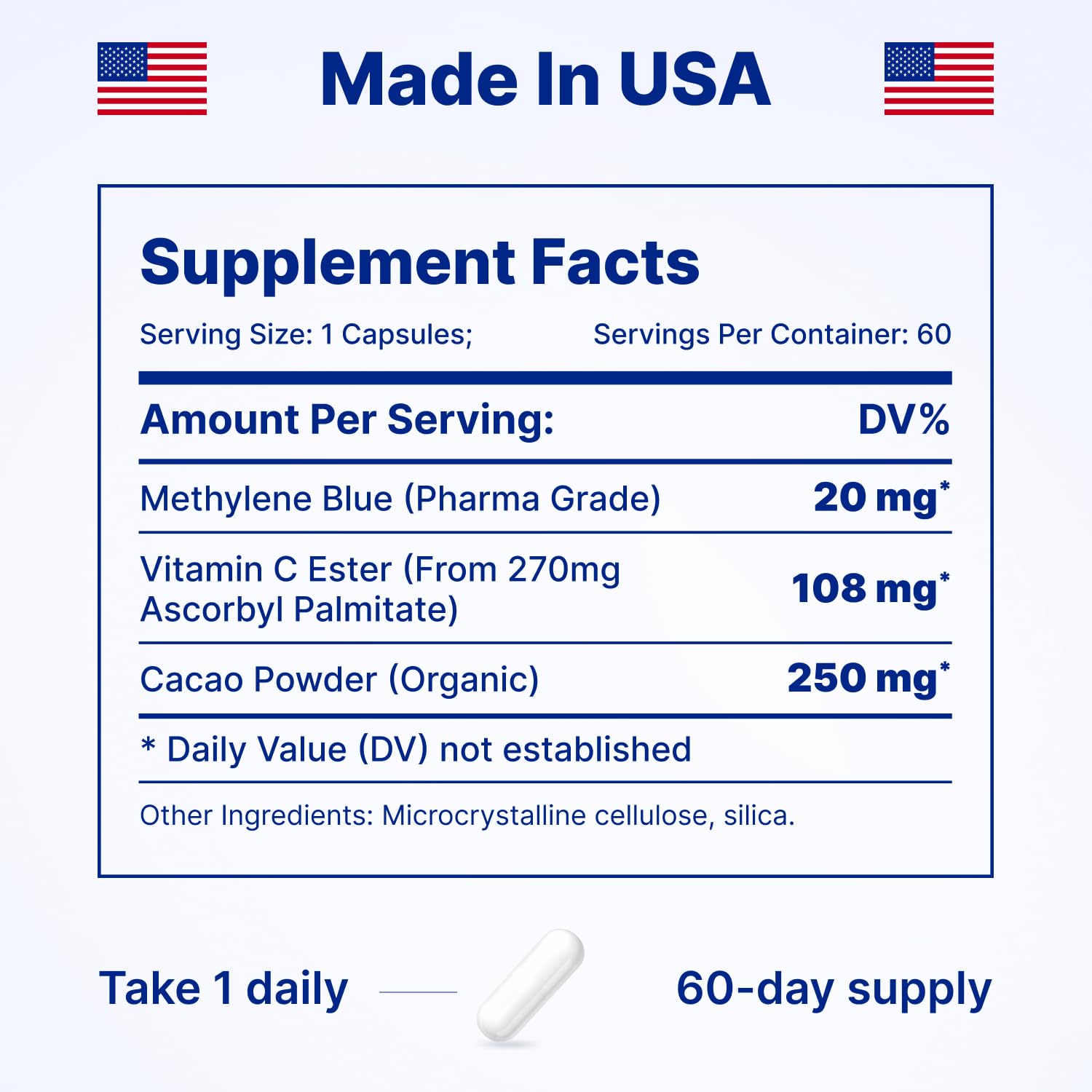 Blue methylene blue capsules signaling energy and focus