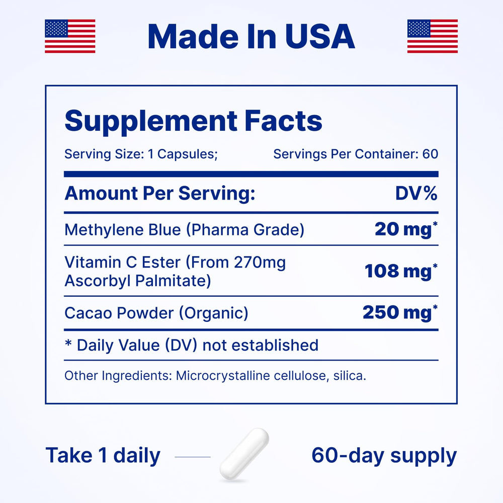 Blue methylene blue capsules signaling energy and focus