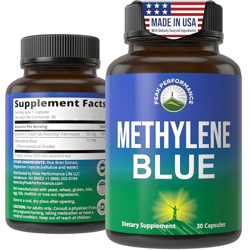 Bottle label showing Methylene Blue Capsules USP pharmaceutical grade