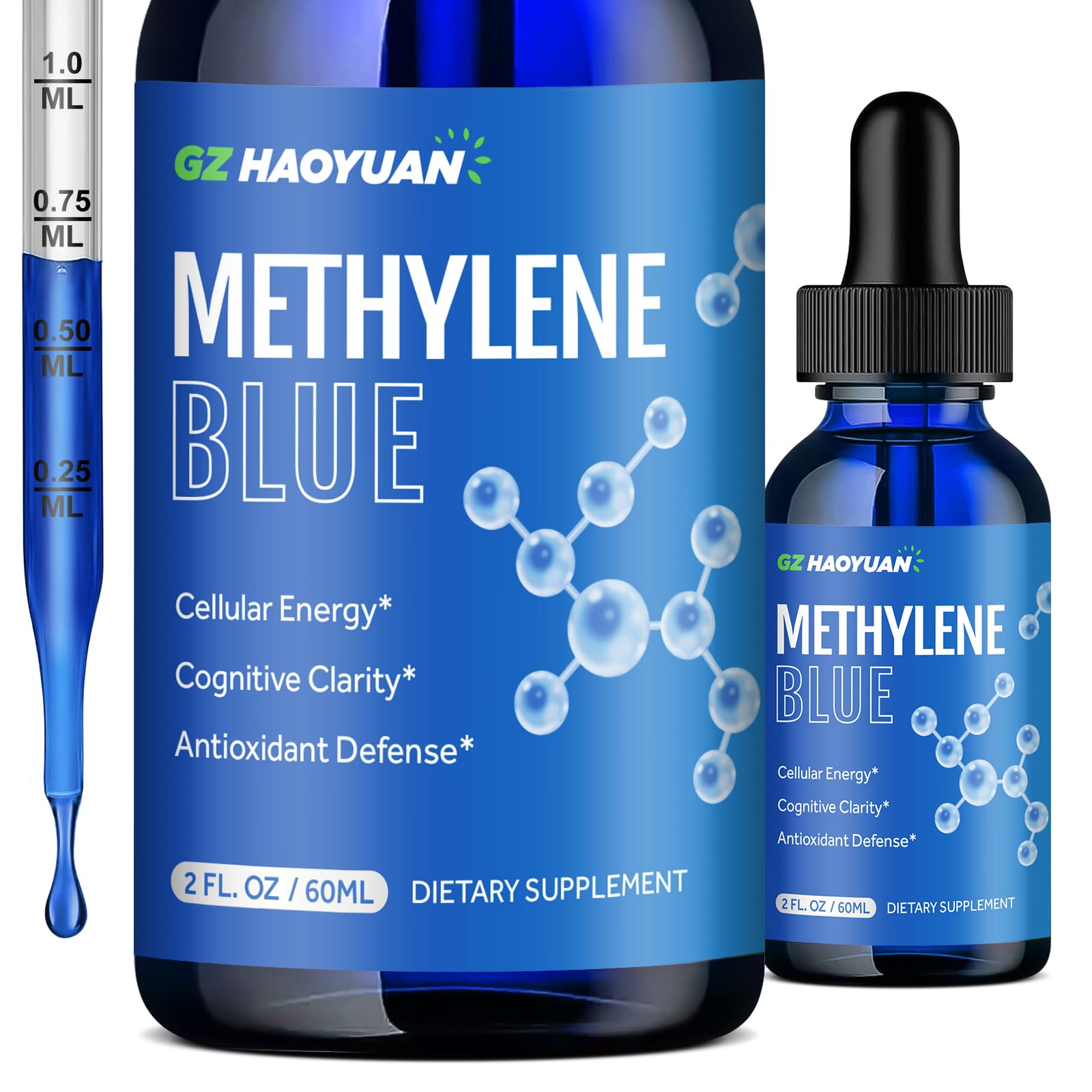 Bottle of GZ HAOYUAN Methylene Blue Drops USP Grade 1% 2 oz