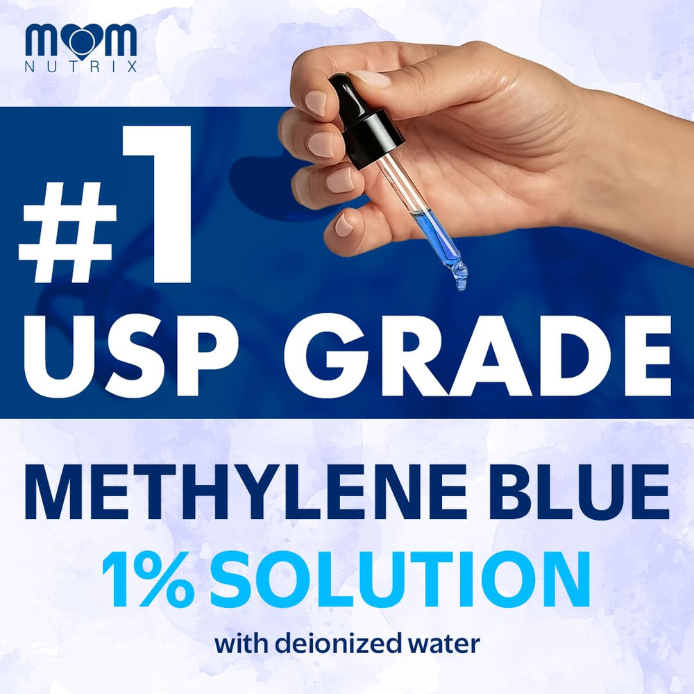 Glass jar with graduated dropper containing methylene blue