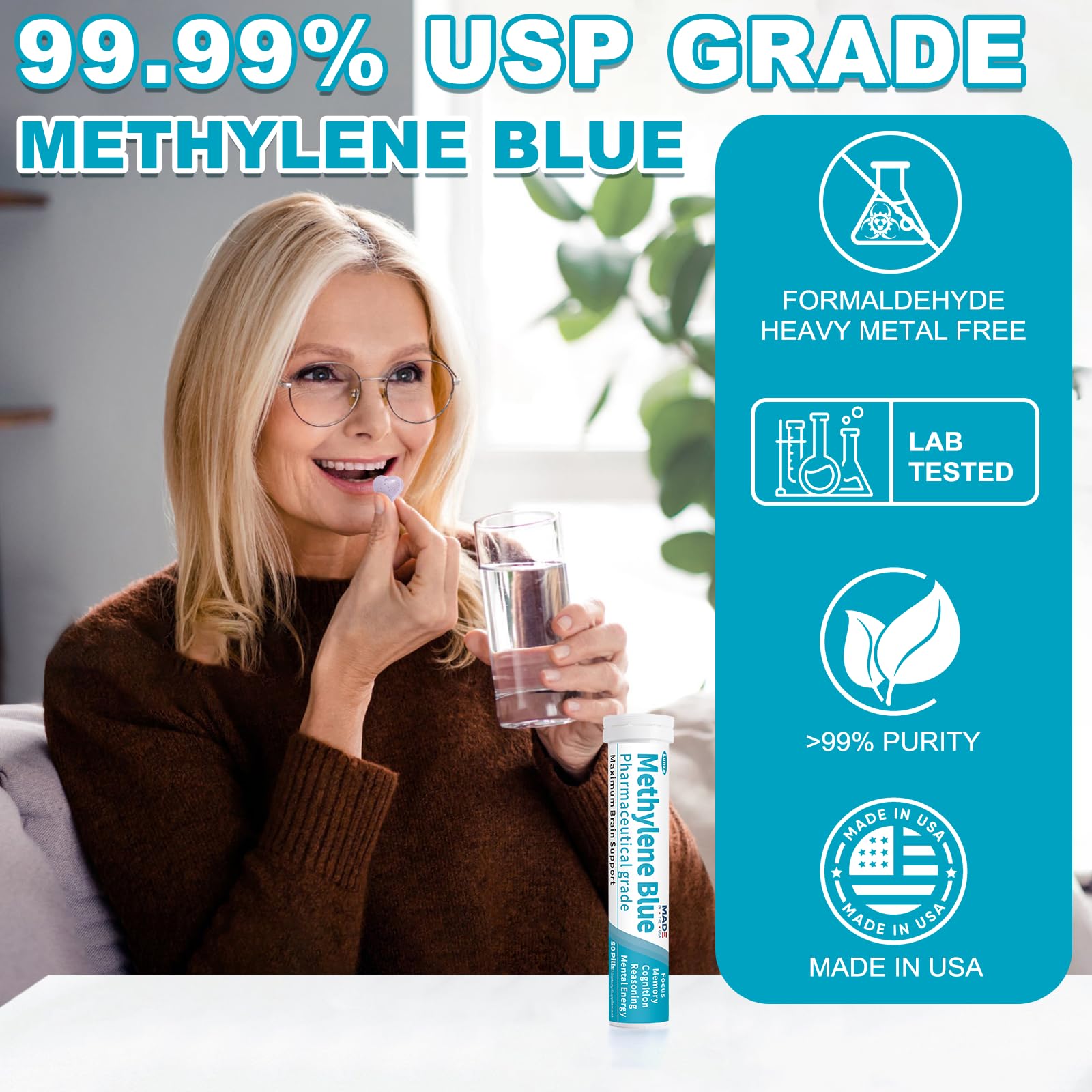 Lab-tested purity seal on methylene blue tablets