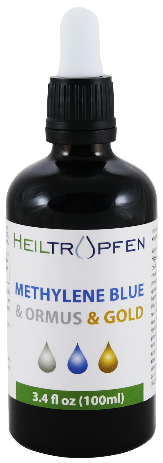 Methylene Blue Ormus Gold solution bottle with glass dropper