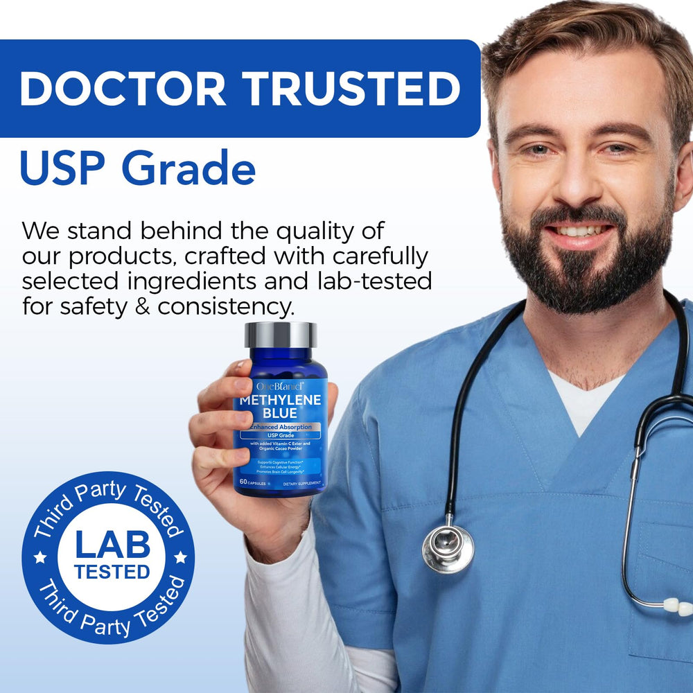 Product packaging close-up of methylene blue bottle