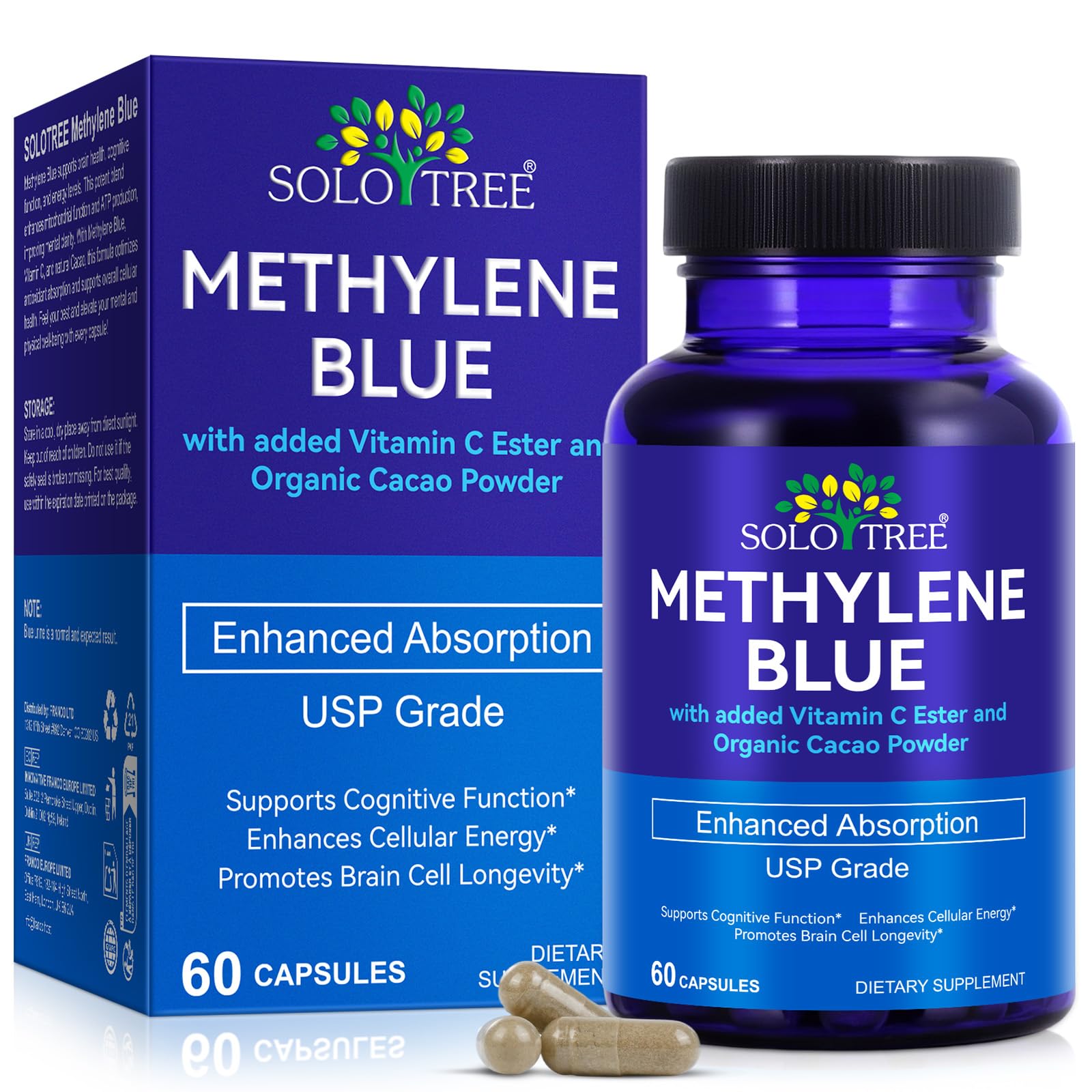 Front label view of Methylene Blue Pharmaceutical Grade Supplement bottle.
