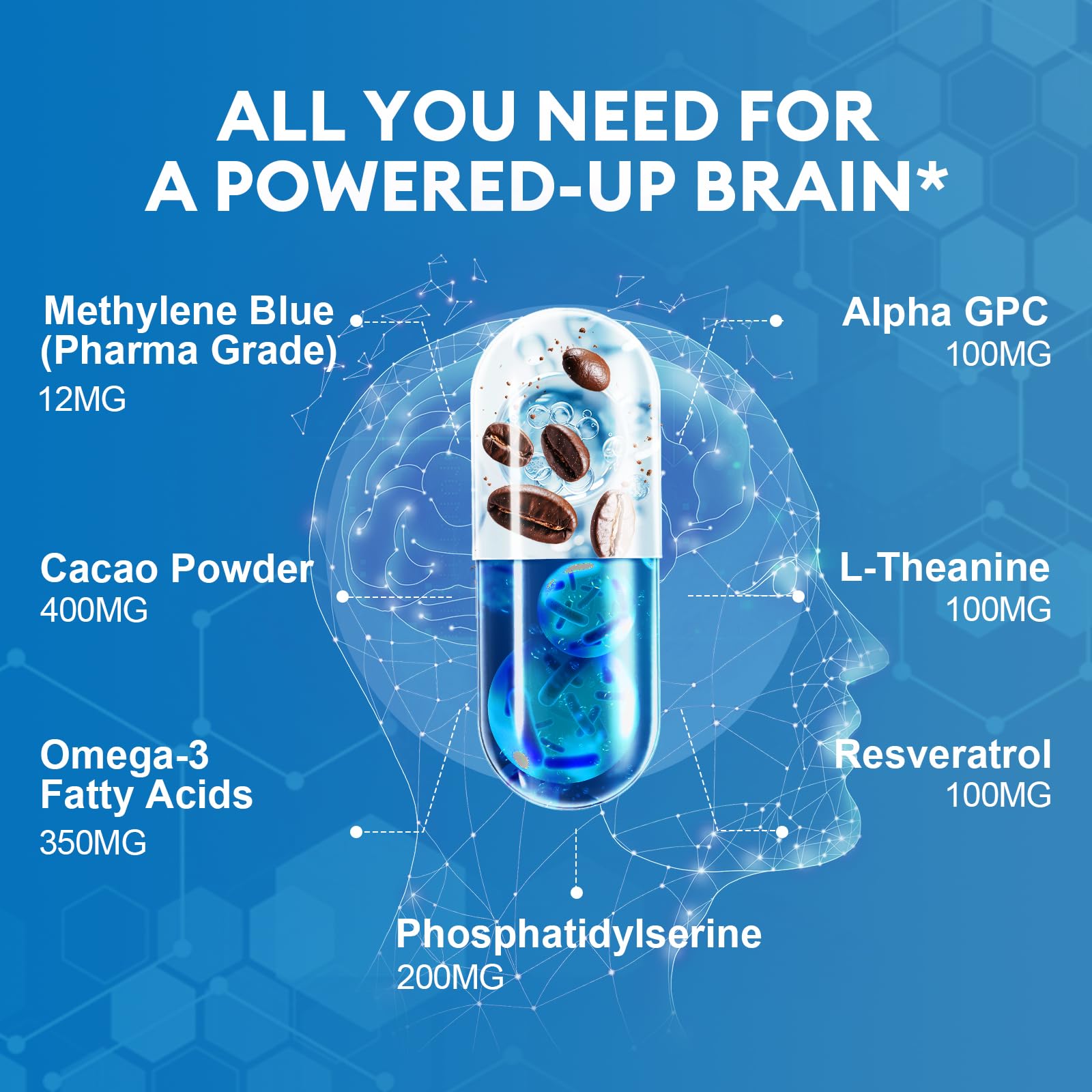 Label detailing resveratrol, omega-3 and Alpha-GPC ingredients