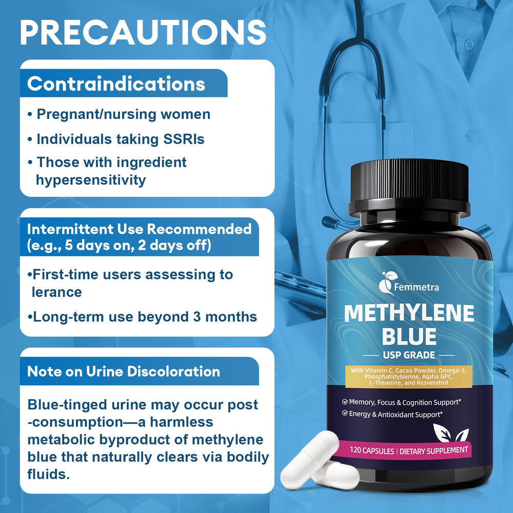Methylene blue capsules with cacao and antioxidant blend