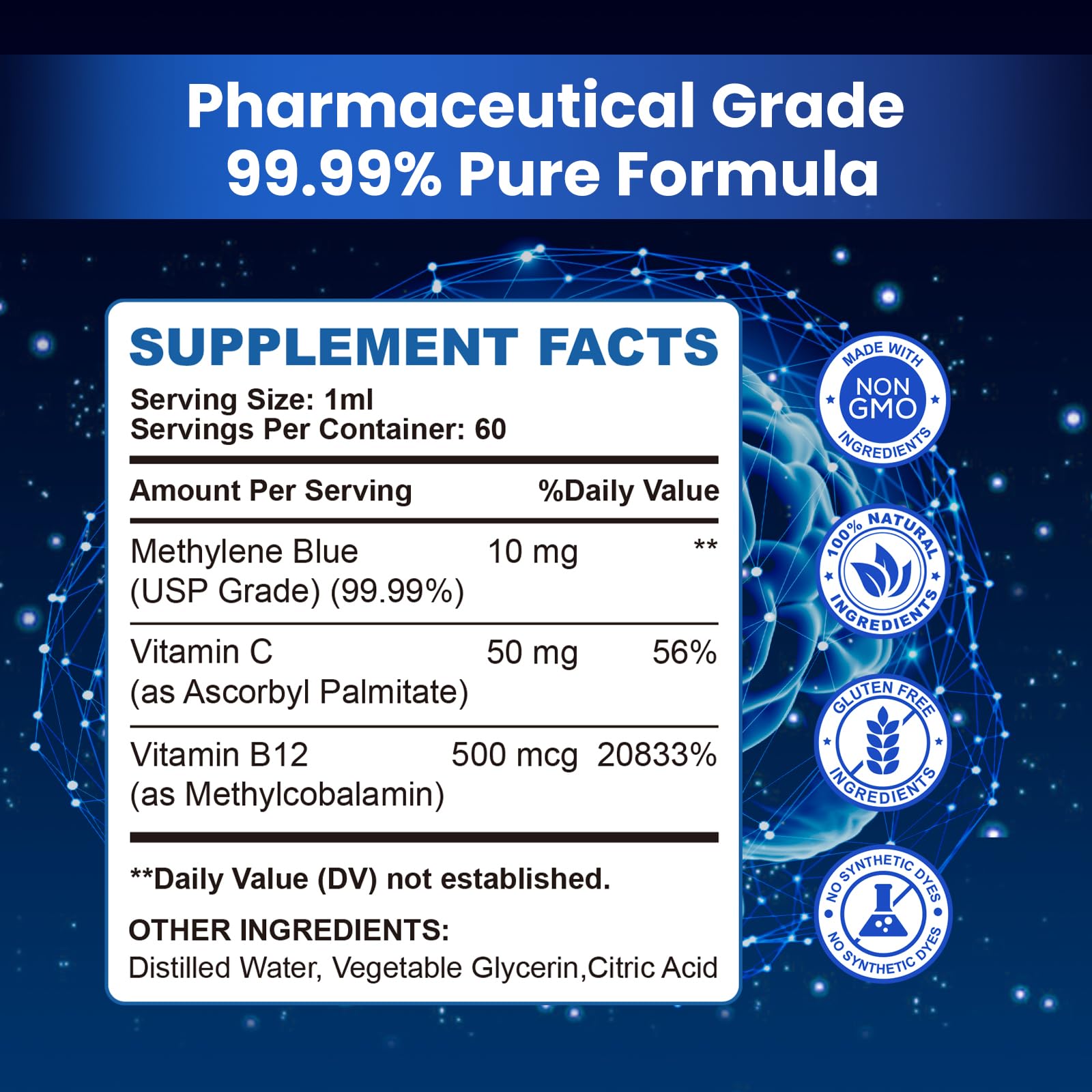 Ingredient panel and packaging details for methylene blue drops