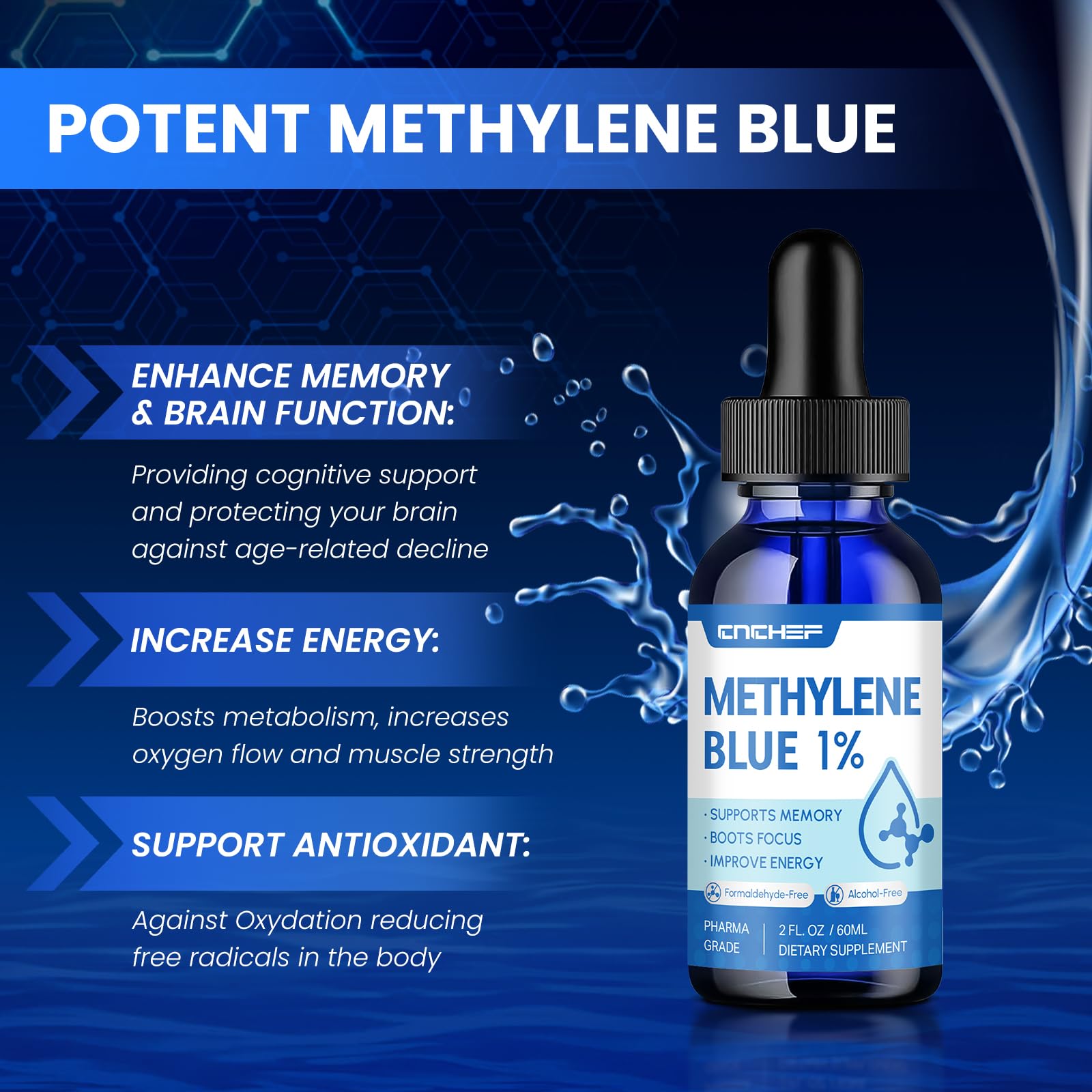 Label showing ingredients and 99% USP-grade methylene blue