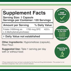 Label showing ingredients and supplement facts for Double Wood Methylfolate 1,000mcg