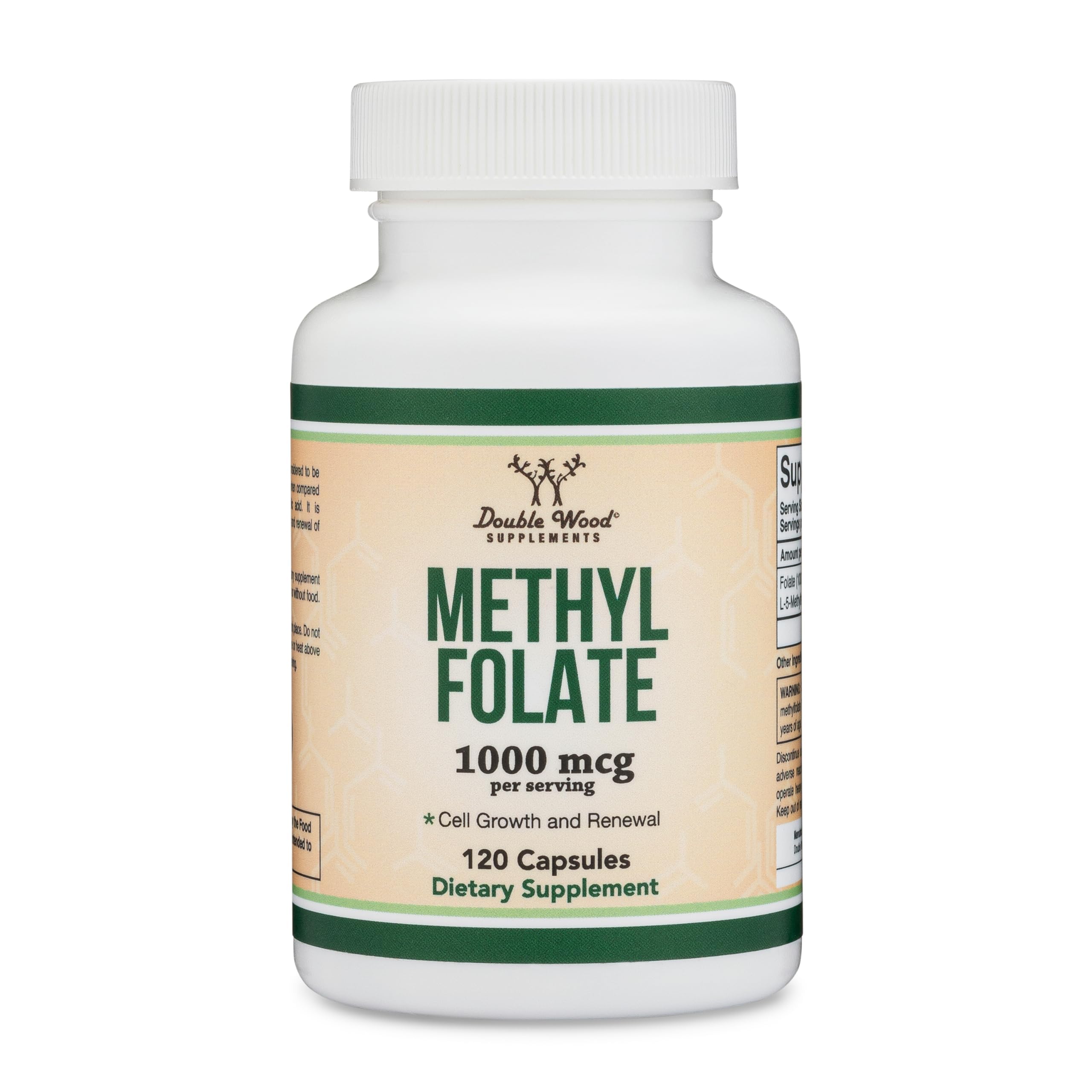 Third-party testing seal and branding on Double Wood Methylfolate packaging